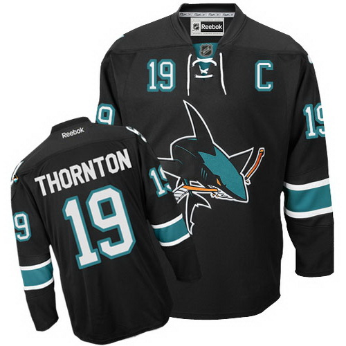 Fashionable and discount San Jose Sharks 19 Joe Thornton Black NHL Hockey Jersey